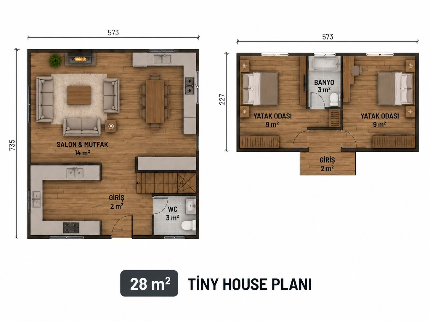 28 m² Modern Ahşap Kaplama Tiny House - Kat Planı
